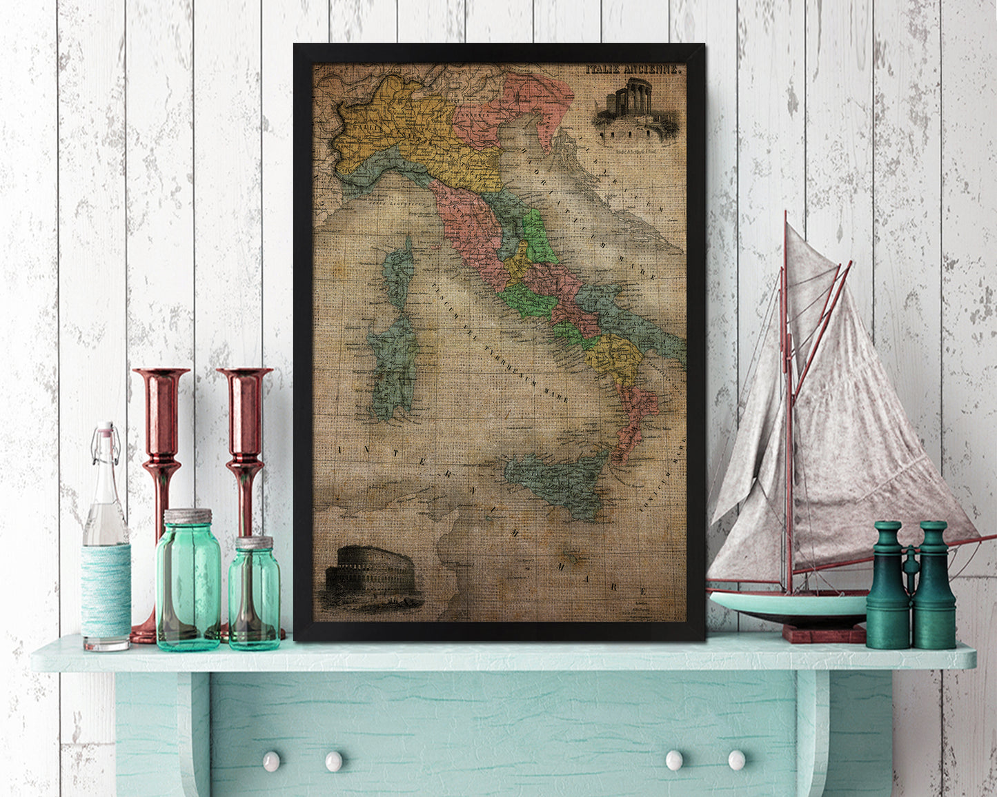 Italy Vintage Map Wood Framed Print Art Wall Decor Gifts