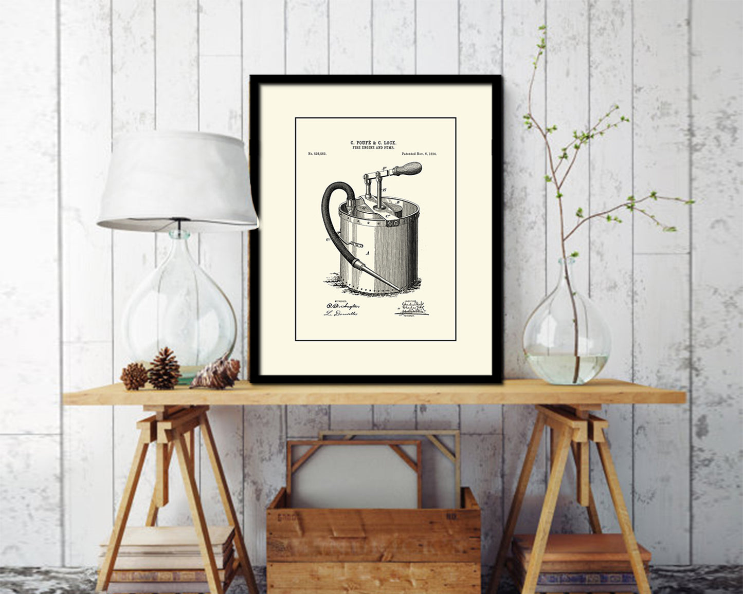 Fire Engine and Pump Firefighter Vintage Patent Artwork Black Frame Print Gifts