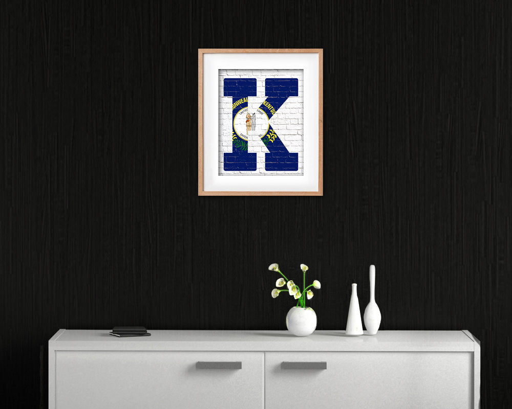 Kentucky State Initial Flag Wood Framed Paper Print Decor Wall Art Gifts, Brick