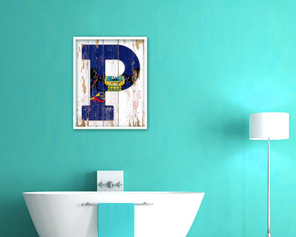 Pennsylvania State Initial Flag Wood Framed Paper Print Decor Wall Art Gifts, Beach