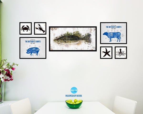 Largemouth Bass Fish Art Wood Frame Shabby Chic Restaurant Sushi Wall Decor Gifts, 10" x 20"