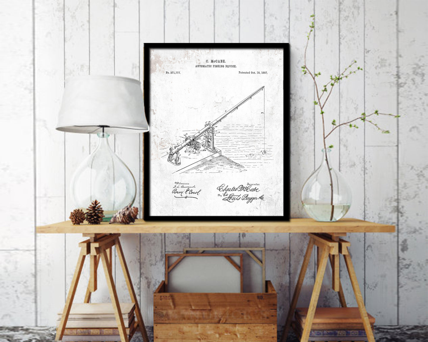 Automatic Fishing Device Fishing Vintage Patent Artwork Black Frame Print Gifts
