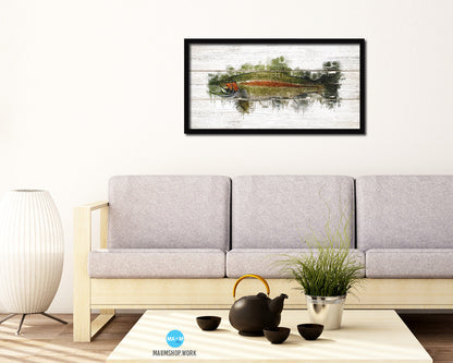 Salmon Fish Art Wood Framed White Wash Restaurant Sushi Wall Decor Gifts, 10" x 20"