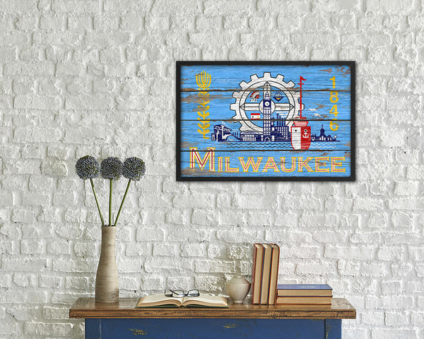 Milwaukee City Wisconsin State Rustic Flag Wood Framed Paper Prints Decor Wall Art Gifts