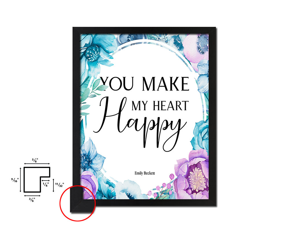 You make my heart happy, Emily Beckett Quote Boho Flower Framed Print Wall Decor Art