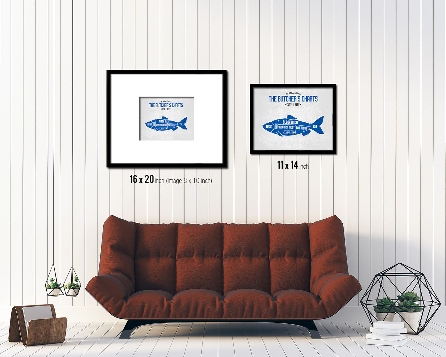 Fish  Meat Cuts Butchers Chart Wood Framed Paper Print Home Decor Wall Art Gifts