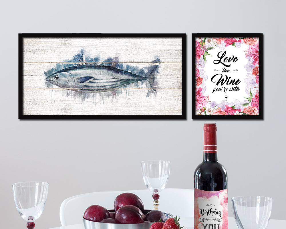 Skipjack Tuna Fish Art Wood Framed White Wash Restaurant Sushi Wall Decor Gifts, 10" x 20"