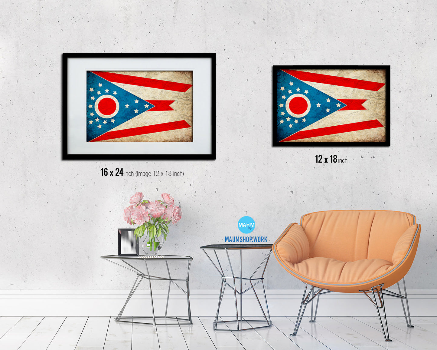 Ohio State Vintage Flag Wood Framed Paper Print Wall Art Decor Gifts