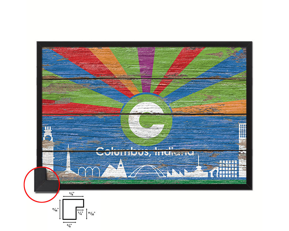 Columbus City Indiana State Rustic Flag Wood Framed Paper Prints Decor Wall Art Gifts