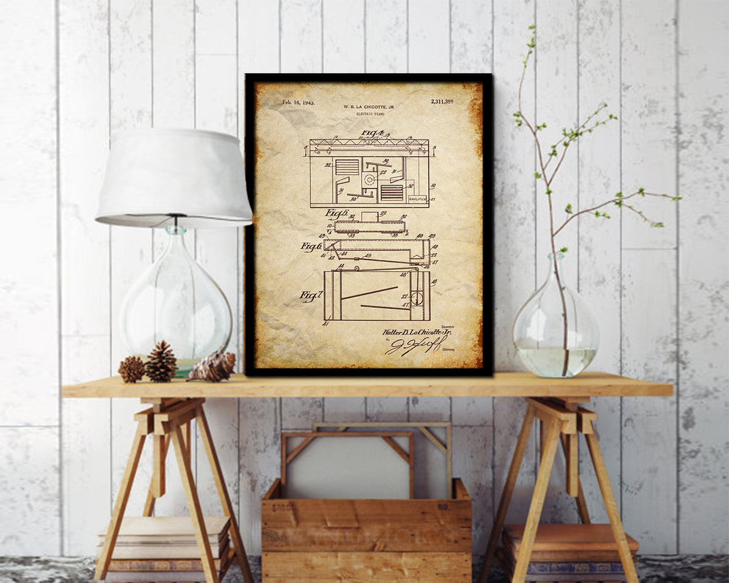 Piano Electric Music Vintage Patent Artwork Walnut Frame Print Wall Art Decor Gifts