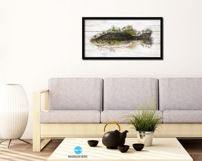 Largemouth Bass Fish Art Wood Framed White Wash Restaurant Sushi Wall Decor Gifts, 10" x 20"