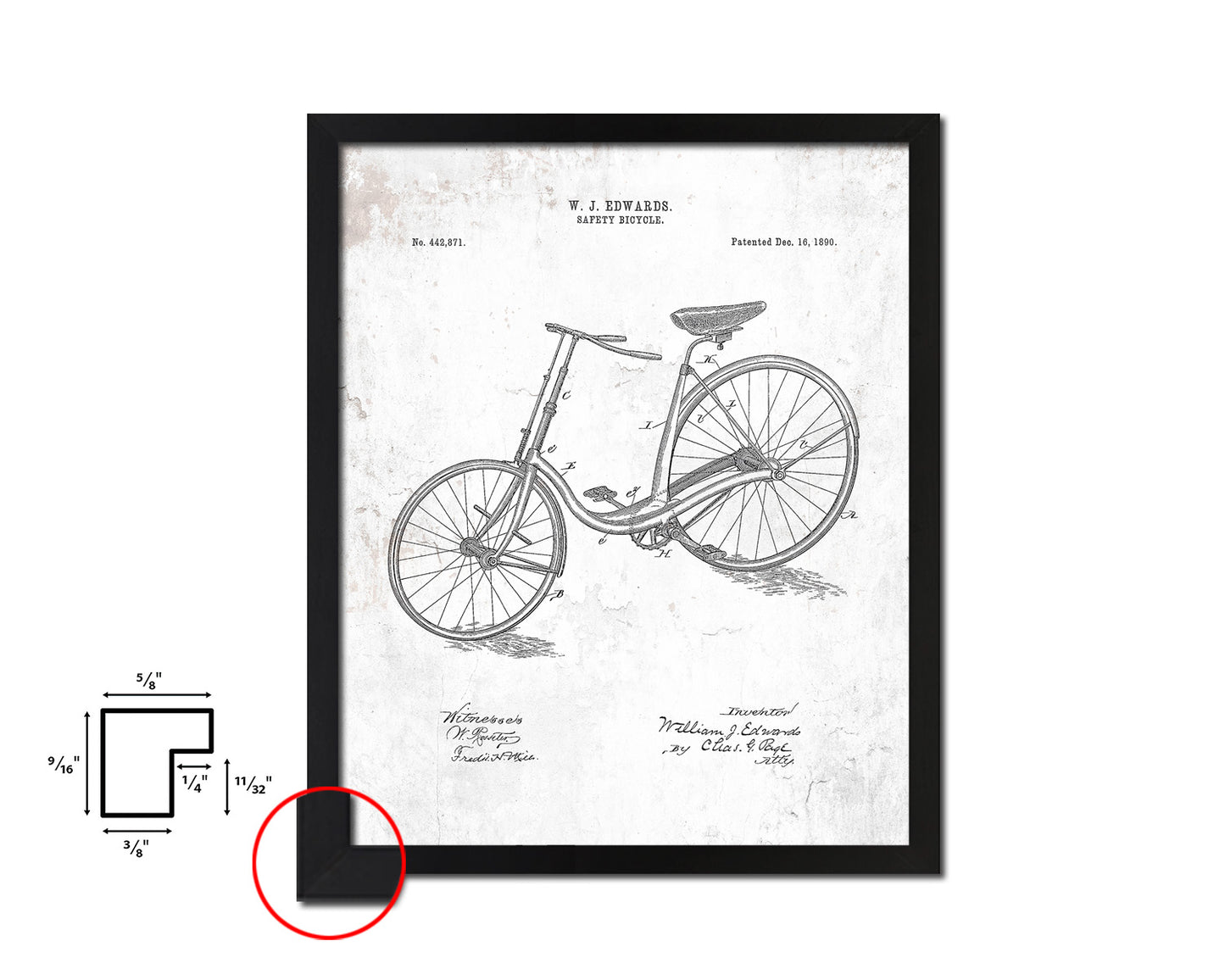 Safety 1890 Bicycle Vintage Patent Artwork Black Frame Print Wall Art Decor Gifts
