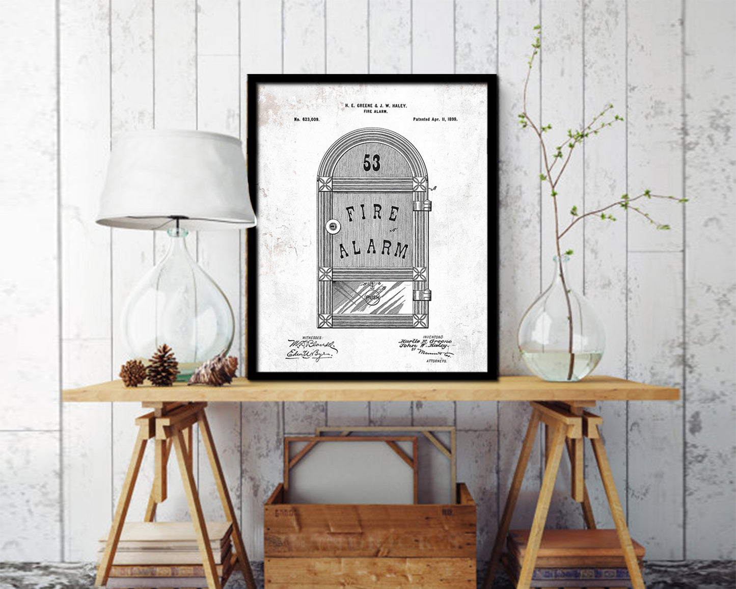 Fire Alarm Firefighter Vintage Patent Artwork Black Frame Print Gifts