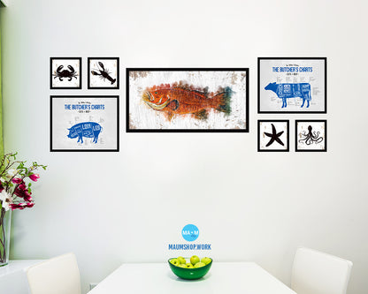 Red Grouper Fish Art Wood Frame Shabby Chic Restaurant Sushi Wall Decor Gifts, 10" x 20"