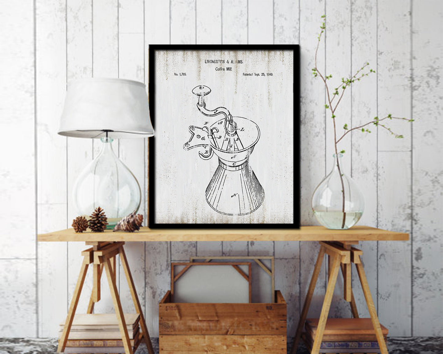 Mill Coffee Vintage Patent Artwork Black Frame Print Wall Art Decor Gifts