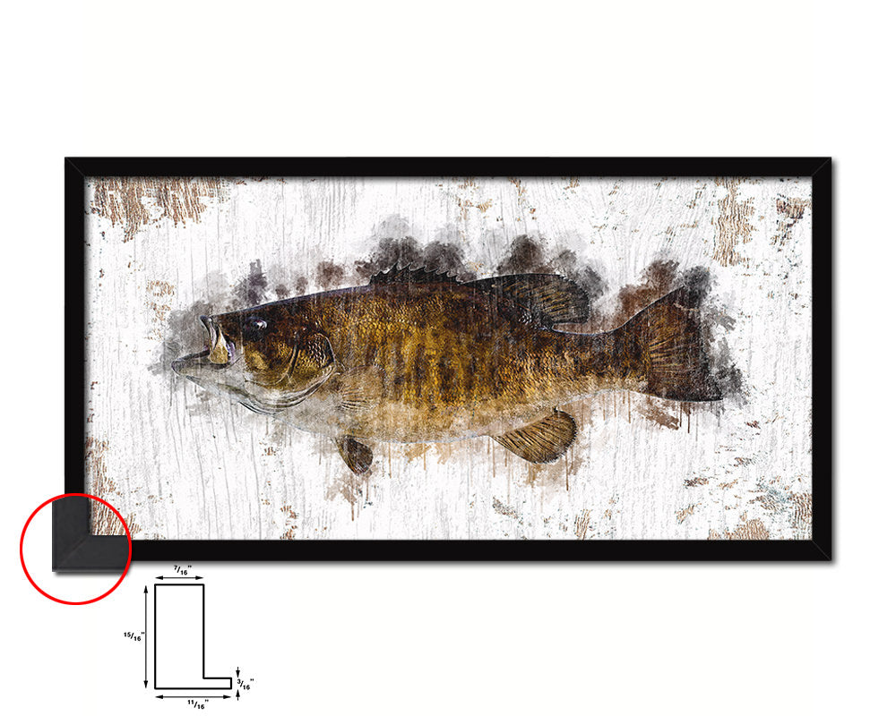 Smallmouth Bass Fish Art Wood Frame Shabby Chic Restaurant Sushi Wall Decor Gifts, 10" x 20"