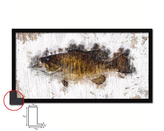 Smallmouth Bass Fish Art Wood Frame Shabby Chic Restaurant Sushi Wall Decor Gifts, 10" x 20"