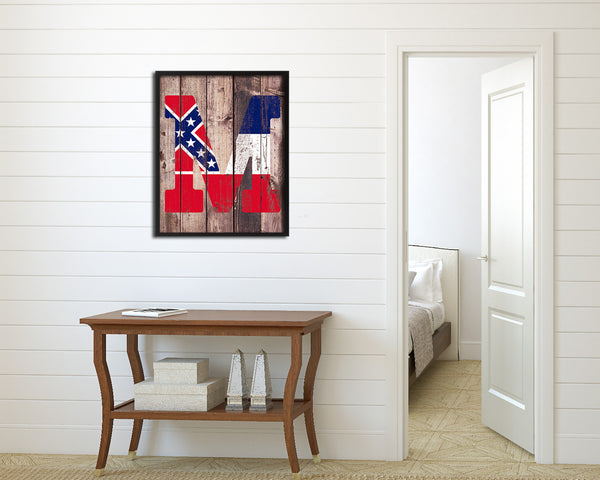 Mississippi State Initial Flag Wood Framed Paper Print Decor Wall Art Gifts, Wood