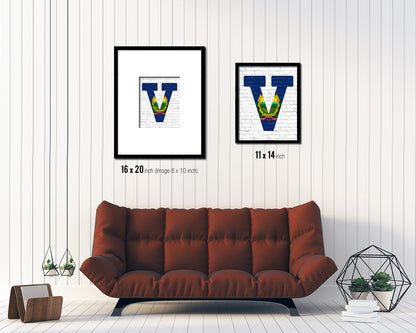 Vermont State Initial Flag Wood Framed Paper Print Decor Wall Art Gifts, Brick