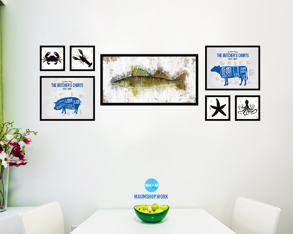 Walleye Fish Art Wood Frame Shabby Chic Restaurant Sushi Wall Decor Gifts, 10" x 20"