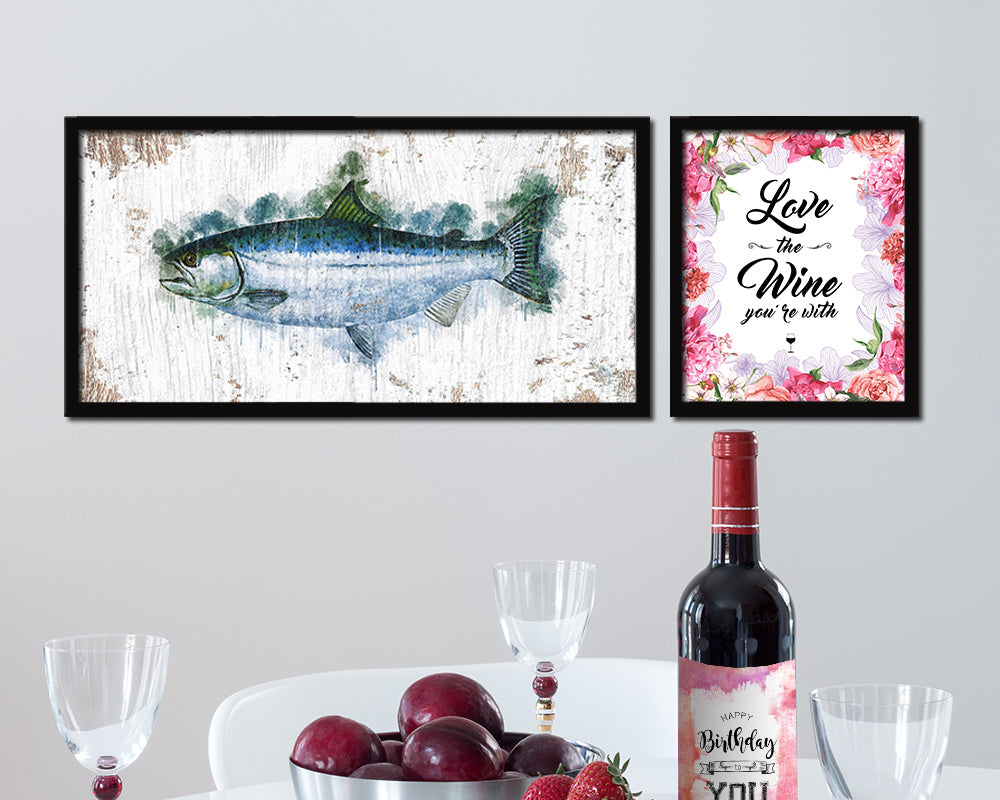 Salmon Fish Art Wood Frame Shabby Chic Restaurant Sushi Wall Decor Gifts, 10" x 20"