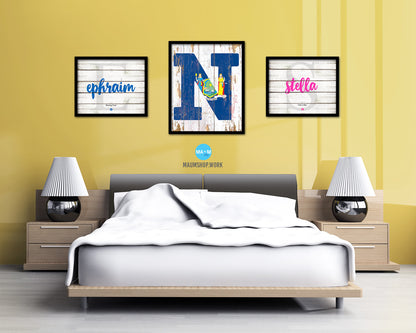 New York State Initial Flag Wood Framed Paper Print Decor Wall Art Gifts, Beach
