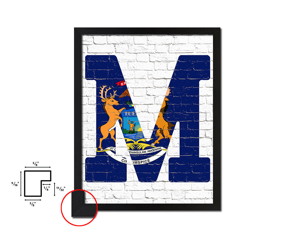 Michigan State Initial Flag Wood Framed Paper Print Decor Wall Art Gifts, Brick