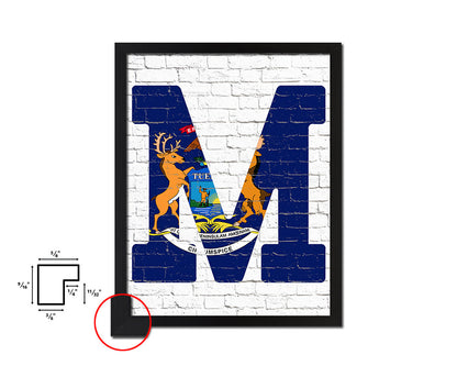 Michigan State Initial Flag Wood Framed Paper Print Decor Wall Art Gifts, Brick