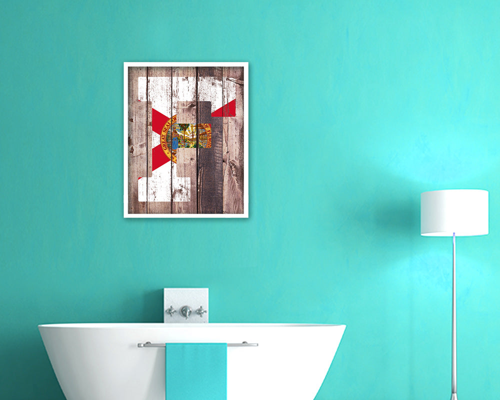 Florida State Initial Flag Wood Framed Paper Print Decor Wall Art Gifts, Wood