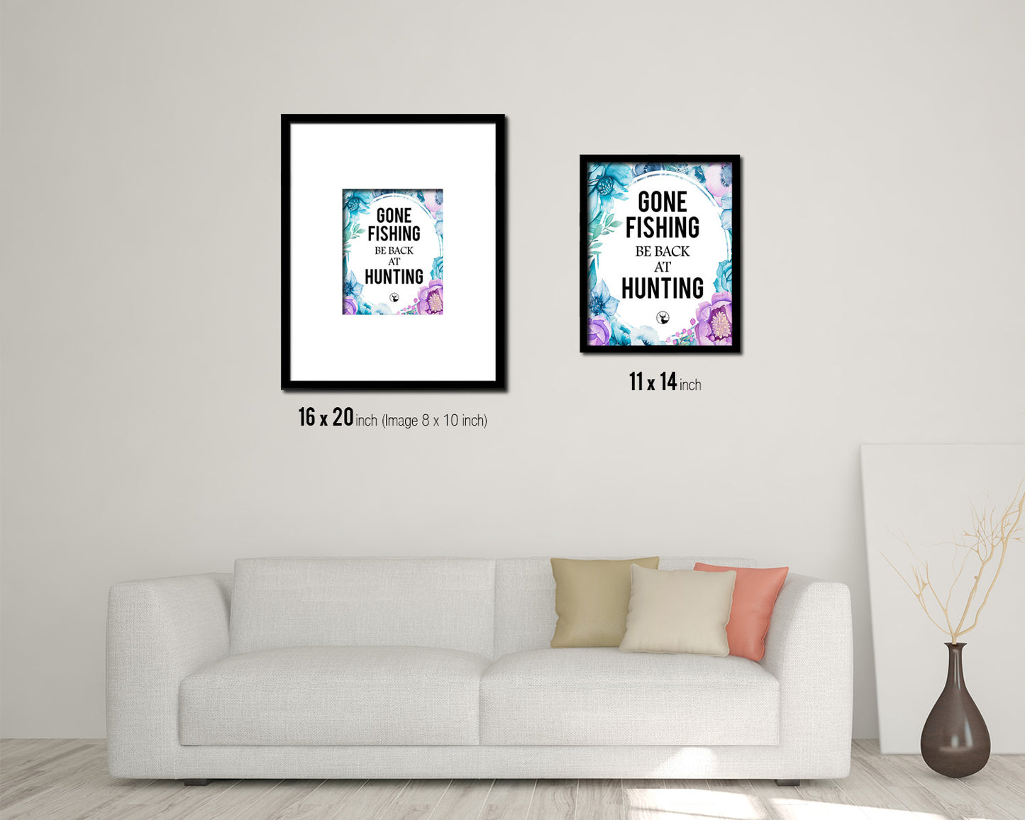 Gone fishing Be back at hunting Quote Boho Flower Framed Print Wall Decor Art