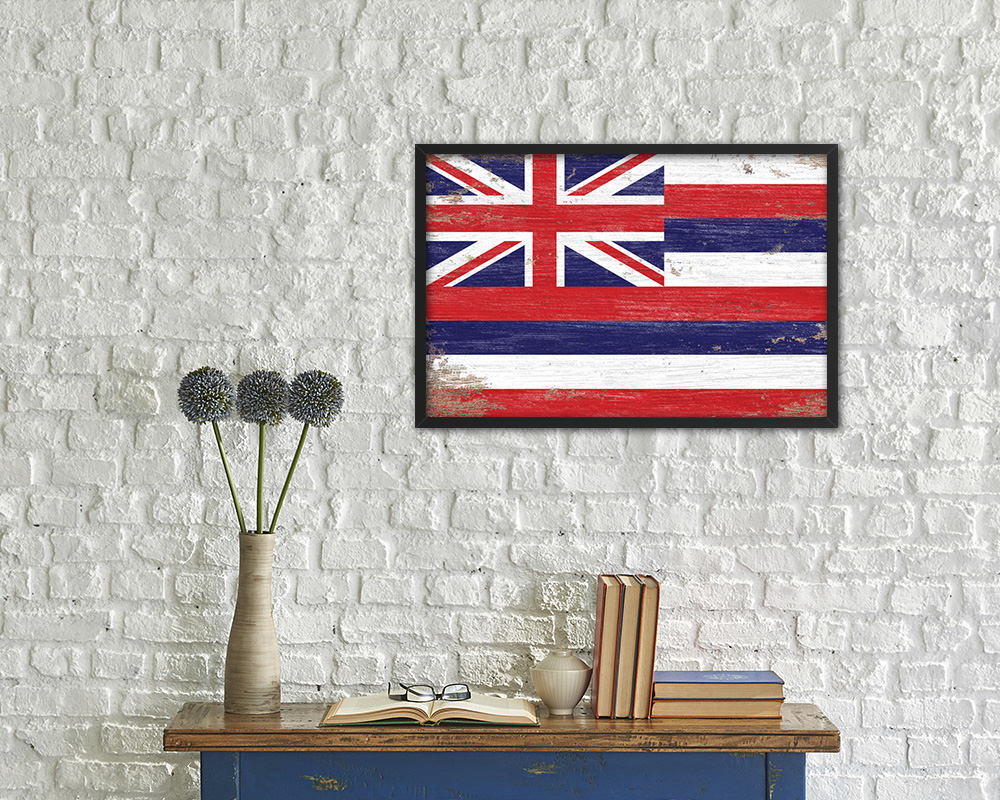 Hawaii State Shabby Chic Flag Wood Framed Paper Print  Wall Art Decor Gifts