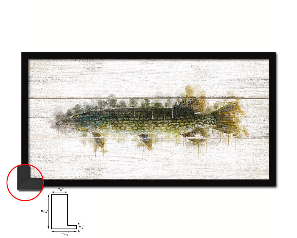Pike Fish Art Wood Framed White Wash Restaurant Sushi Wall Decor Gifts, 10" x 20"