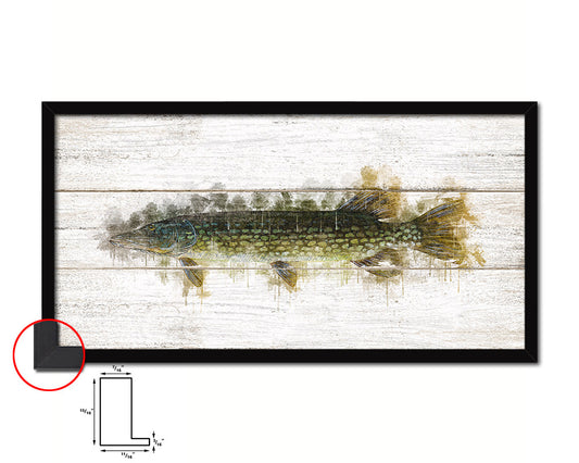 Pike Fish Art Wood Framed White Wash Restaurant Sushi Wall Decor Gifts, 10" x 20"