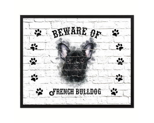 Beware of English Bulldog Sign Wood Framed Print Wall Art Decor Gifts