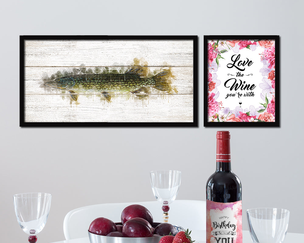 Pike Fish Art Wood Framed White Wash Restaurant Sushi Wall Decor Gifts, 10" x 20"