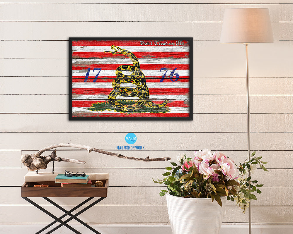 First Navy Jack Don't Tread On Me 1776 Tea Party Wood Rustic Flag Framed Print Art