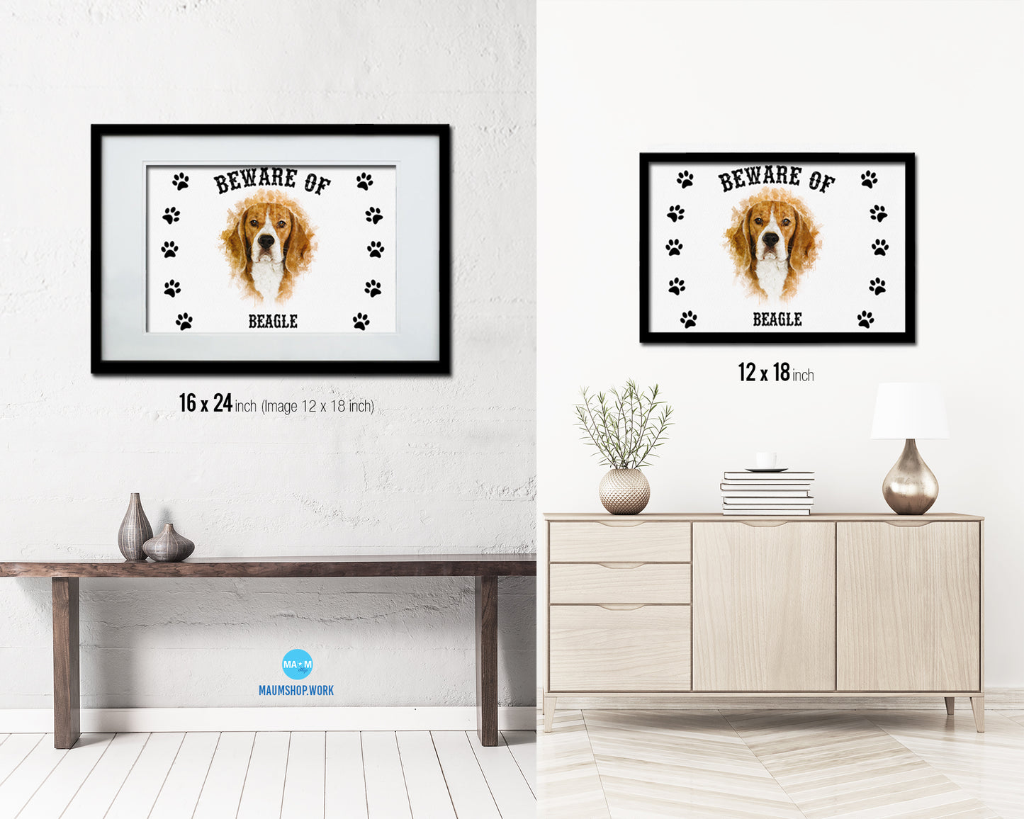 Beware of Beagle Sign Wood Framed Print Wall Art Decor Gifts