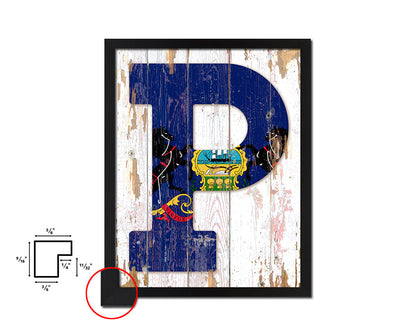 Pennsylvania State Initial Flag Wood Framed Paper Print Decor Wall Art Gifts, Beach