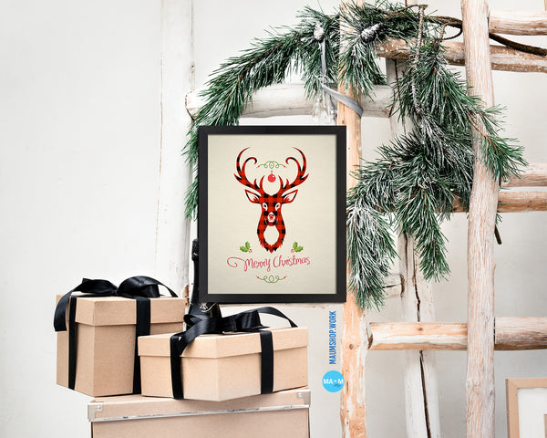Merry Christmas Deer Light Holiday Season Gifts Wood Framed Print Home Decor Wall Art