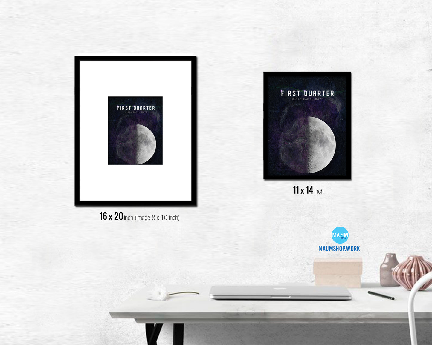 Waxing First Quarter Lunar Phases Length of Year Moon Watercolor Nursery Framed Prints Wall Art Gift