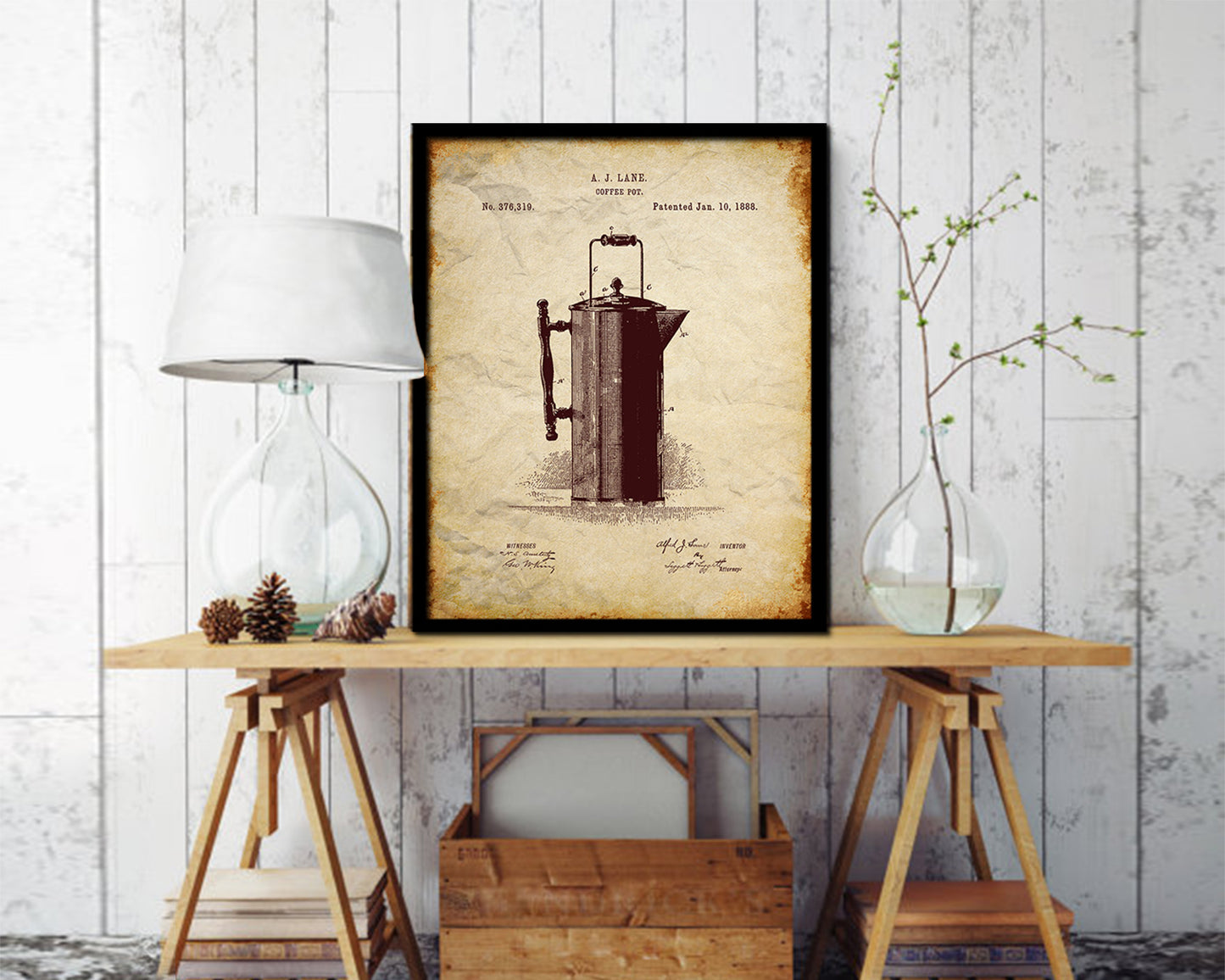 Pot Coffee Vintage Patent Artwork Walnut Frame Print Wall Art Decor Gifts