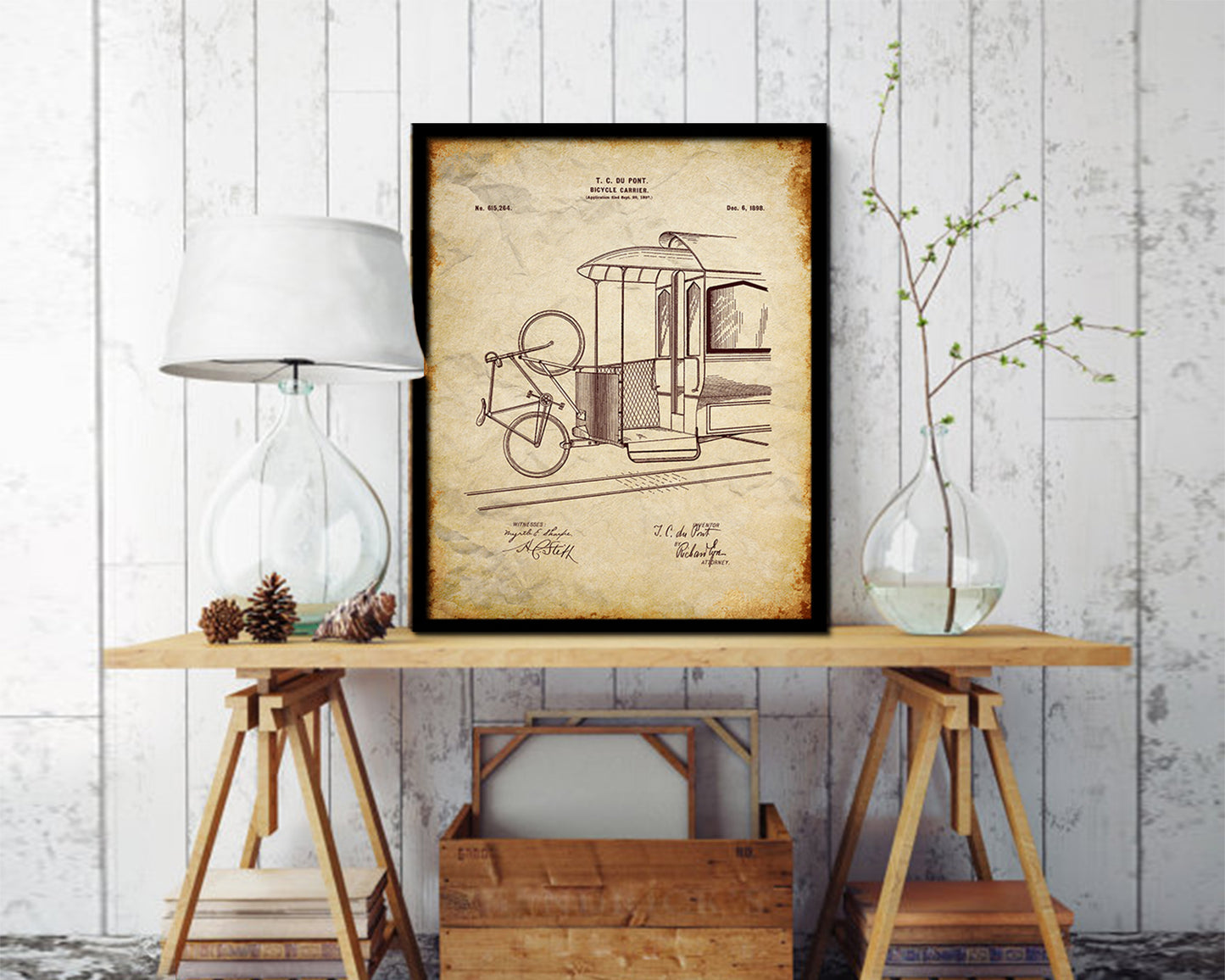 Carrier Bicycle Vintage Patent Artwork Walnut Frame Print Wall Art Decor Gifts