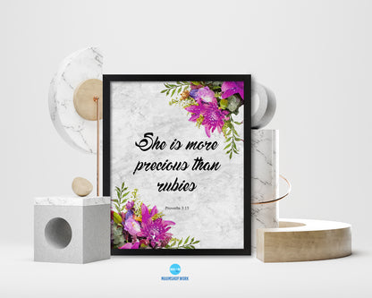 She is more precious than rubies, Proverbs 3:5 Bible Scripture Verse Framed Print Wall Art Decor Gifts