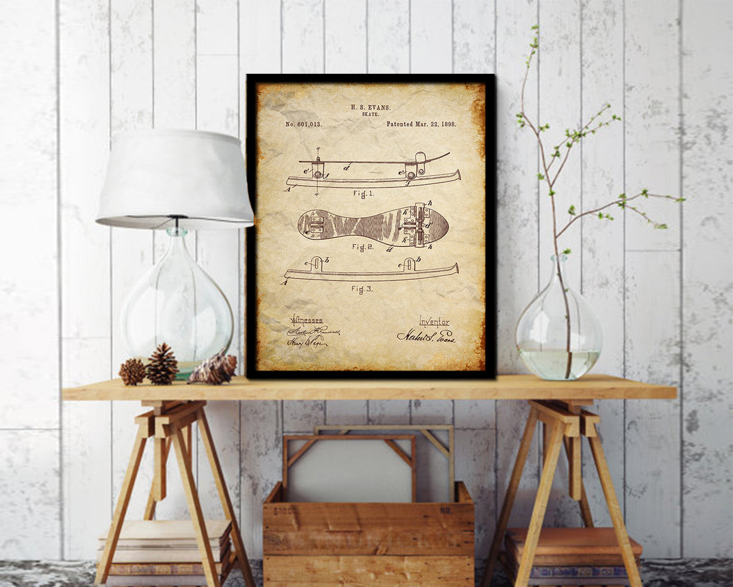 Ice Skate Sports Vintage Patent Artwork Walnut Frame Gifts