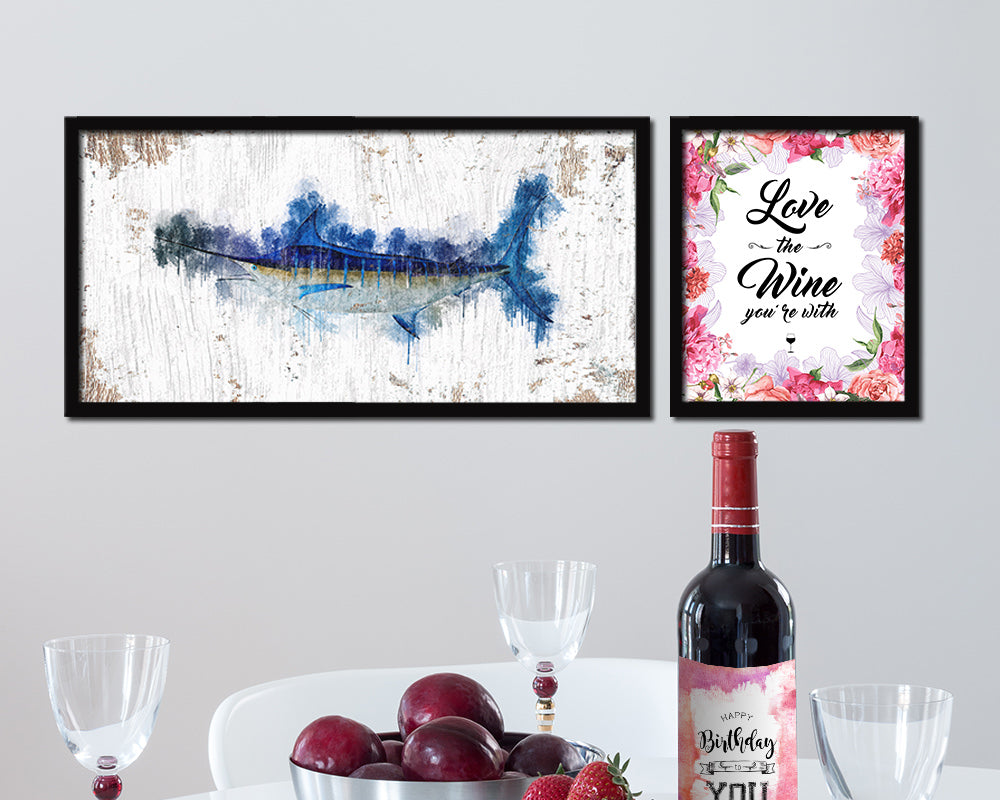 Blue Marlin Fish Art Wood Frame Shabby Chic Restaurant Sushi Wall Decor Gifts, 10" x 20"