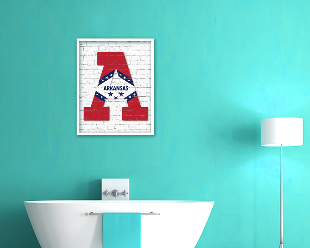Arkansas State Initial Flag Wood Framed Paper Print Decor Wall Art Gifts, Brick