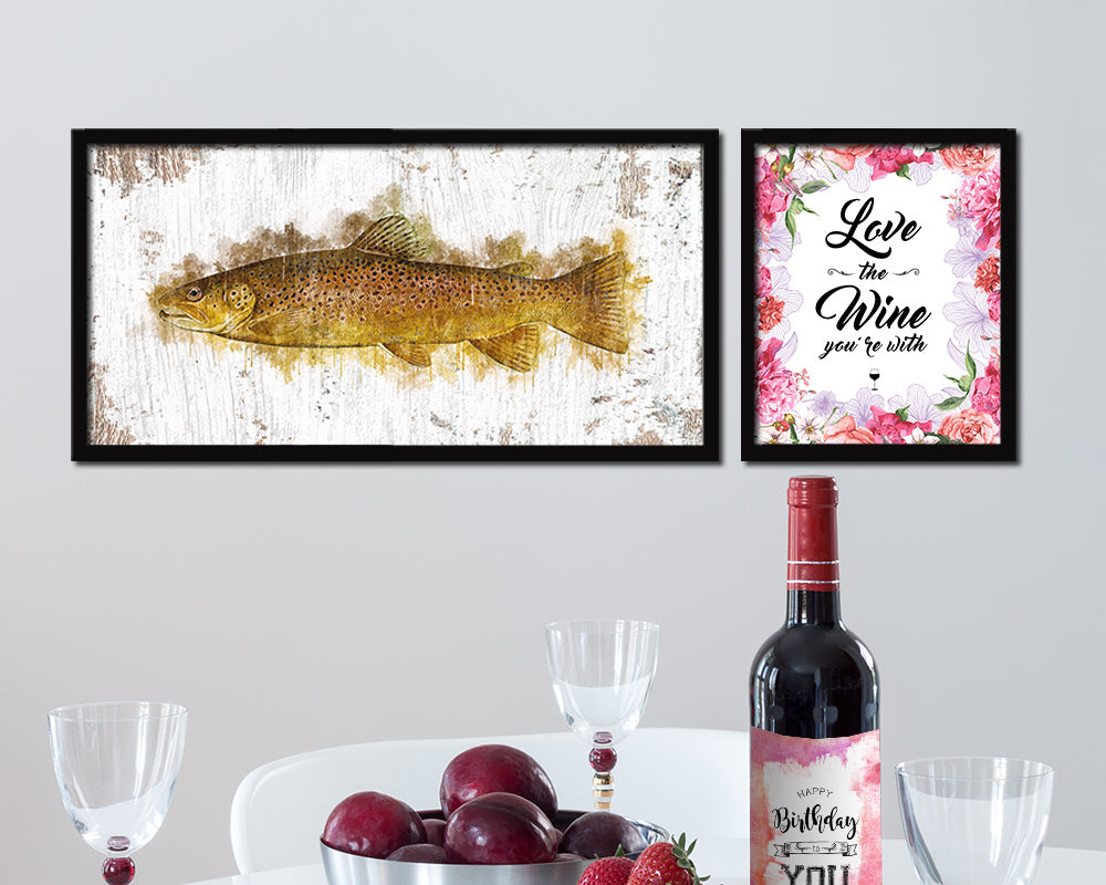 Brown Trout Fish Art Wood Frame Shabby Chic Restaurant Sushi Wall Decor Gifts, 10" x 20"