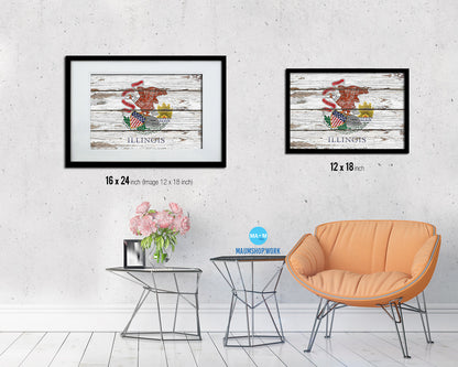 Illinois State Rustic Flag Wood Framed Paper Prints Wall Art Decor Gifts
