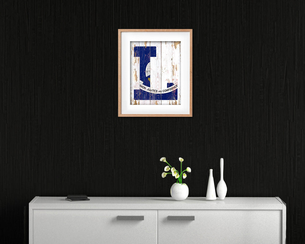 Louisiana State Initial Flag Wood Framed Paper Print Decor Wall Art Gifts, Beach