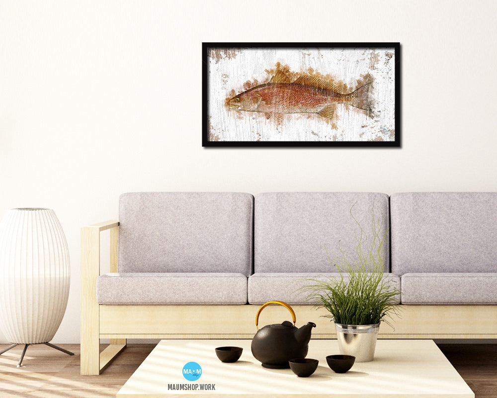Red Drum Fish Art Wood Frame Shabby Chic Restaurant Sushi Wall Decor Gifts, 10" x 20"